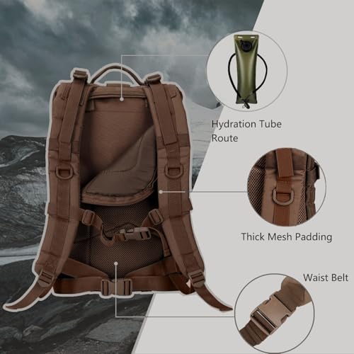Hannibal Tactical MOLLE Assault Backpack, Tactical Backpack Military Army Camping Rucksack, 3-Day Pack Trip w/USA Flag Patch, D-Rings, Dark Brown - color: Dark Brown