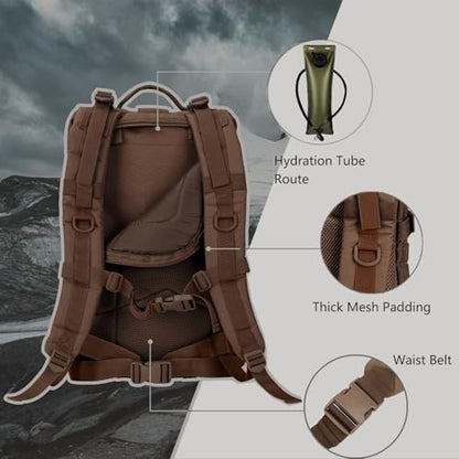 Hannibal Tactical MOLLE Assault Backpack, Tactical Backpack Military Army Camping Rucksack, 3-Day Pack Trip w/USA Flag Patch, D-Rings, Dark Brown - color: Dark Brown