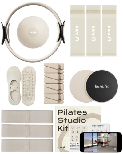 Pilates Kit for Women – Home Pilates Equipment Set with Ring, Ball & Resistance Bands | Pilates Starter Kit with Accessories in Gift Box - color: Beige, style: Studio Kit - 15PC