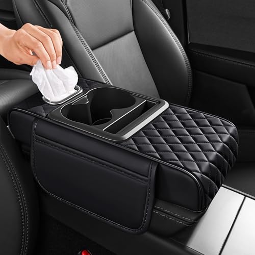 5 in 1 Car Center Console Cover, Armrest Pad with 2 Storage Pockets, Cup Holder, Tissue Slot, Phone Holder, Nappa Leather Memory Foam Car Accessories for SUV Sedan Truck (Black) - color: Black