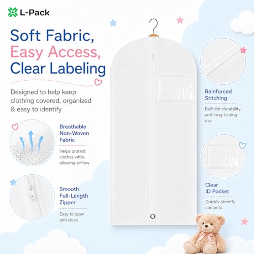 Kids Garment Bag for Hanging Clothes, Travel Garment Bag for Dresses, Dance Costumes & Suits, Breathable Clothes Cover for Baby Toddler Child, White, 30" x 18" - color: White