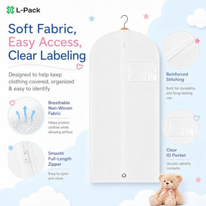 Kids Garment Bag for Hanging Clothes, Travel Garment Bag for Dresses, Dance Costumes & Suits, Breathable Clothes Cover for Baby Toddler Child, White, 30" x 18" - color: White