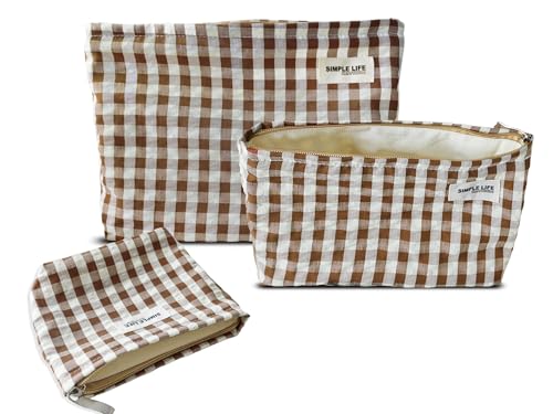 HAPPYHEIDI Nylon Checkered Makeup Bag Set 3 with Pocket Cosmetic Toiletry Travel Pouch, Small Accessory Organizer Bag, 3-Size, Brown, Large Medium Small, Lined, Lightweght - color: Beige Brown Checker Set of 3 - w Pocket