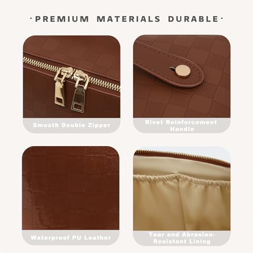 Travel Makeup Bag – Large Cosmetic Organizer with Waterproof PU Leather, Smooth Double Zipper & Tear-Resistant Lining, Toiletry Pouch for Women (Brown) - color: 02-Brown