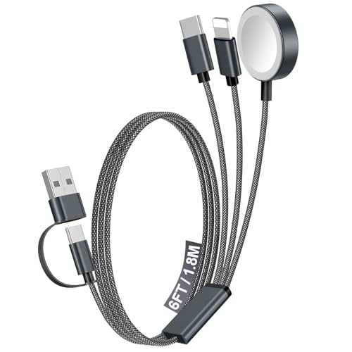 1Pack Multi Charging Cable Cord for Travel Essentials,Apple Watch Charger,iPhone Charger,[3-in-2] Type C/LCable Portable Designed for iWatch,iPhone 17-8,Galaxy S26-21,AirPods,iPad-1.8M Black - color: Black, size: 1Pack-6 FT