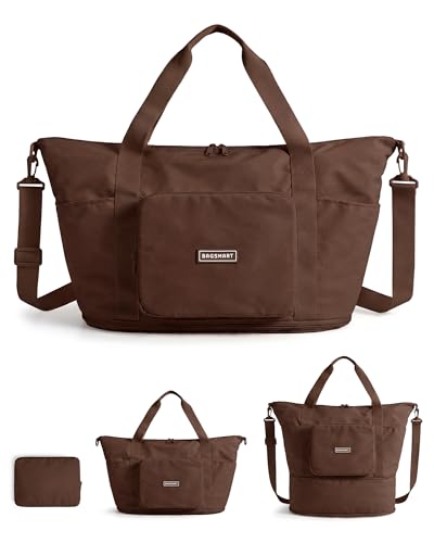 BAGSMART Foldable Travel Bag, 37L Expendable Personal Item Bag, Lightweight Weekender Bags for Women, Water Resistant Extra Carry on for Travel, Chocolate - color: Chocolate