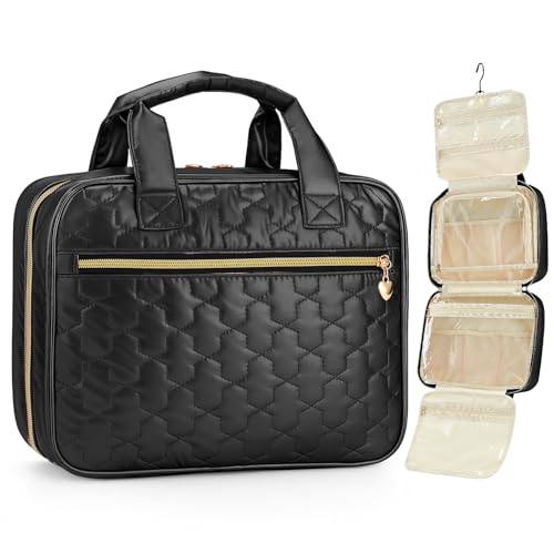 Travel Toiletry Bag, Hanging Makeup Organizer with Hook, Water-Resistant Cosmetic Bag, Fits Full-Size Shampoo & Conditioner Bottles, for Women & Men, Makeup Accessories & Brushes (Black, Medium) - color: Black, size: Medium