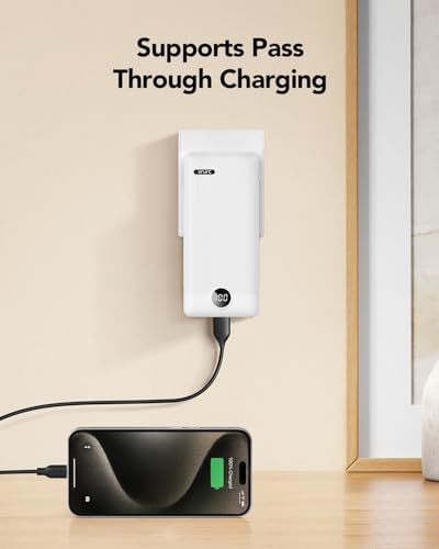 VRURC Portable Charger with Cables and Wall Plug | Power Bank with Cords | 10000mAh Portable Charger with AC Plug | External Battery Pack (Pure White) - color: White
