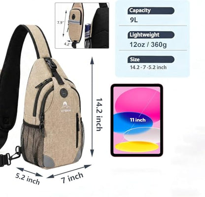 Sling Backpack for Women & Men, Crossbody Travel Bag with Water Bottle Holders, 17 Pockets, Quick-Access Phone Pocket, Hidden Security Pocket, Fits 11" Tablet, for Daily Carry, Travel, Theme Parks - color: K-desert