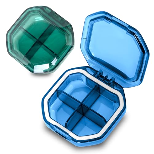 2 Pack Small Pill Organizer, 4 Compartment Pill Box for Travel, 2-Inch Portable Pocket Pill Case for Purse, Vitamin & Supplement Medication Organizer, Travel Essentials Container (Blue+Green) - color: Blue+green