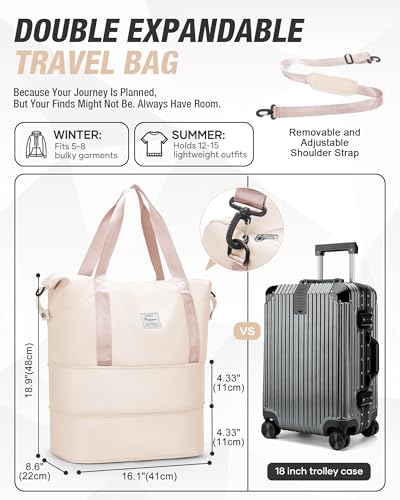 Expandable Travel Duffle Bag for Women Men, Large Gym Bag Travel Tote Bags, Waterproof Carry On Personal Item Bag Airline Approved, Workout Weekender Bag for Overnight Trips with Luggage Sleeve, Beige - color: C-beige