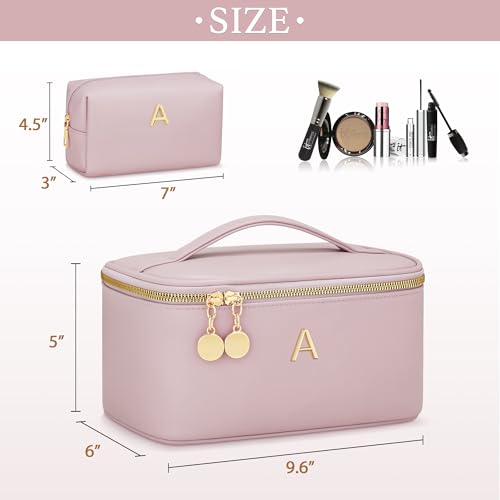 Personalized Initial Makeup Bag Gifts for Women, Large Travel Cosmetic Organizer with Handle & Divider, PU Leather Toiletry Bag for Girls, Birthday Bridesmaid Gift Set - Pink - A - color: Pink, style: A