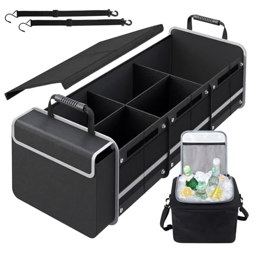 AOPHY Car Trunk Organizer with Insulated Cooler Bag, Foldable & Waterproof Storage Organizer with Lid for SUV, Truck, Sedan - 4 Large Adjustable Compartments, Heavy Duty & Collapsible Design - color: Black Grey