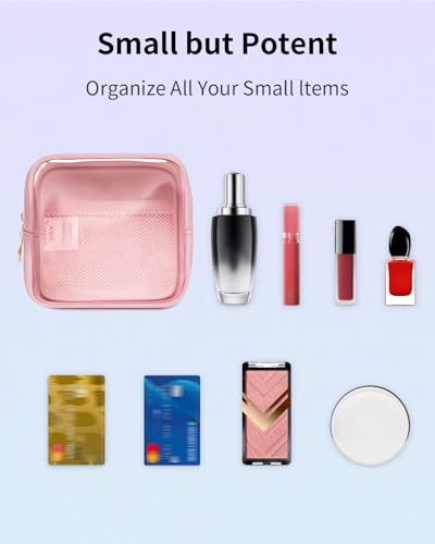 Wandering Nature Clear Makeup Bag for Purse Mini Make up Bag Cute Cosmetic Pouch for Women with Slip-in Pockets Travel Toiletry Essentials Vegan Leather Organizer Pouch,Patent Pending - color: Pink