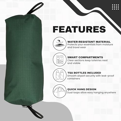 Champion - Hanging Toiletry Bag - Travel Sized Polyester Bag — Water-Resistant, Cosmetics Organizer Bag with Two Compliant Bottles - Lightweight Portable Zipped Bag for Unisex – Green- 10"x3.9"x3.9" - style: Green