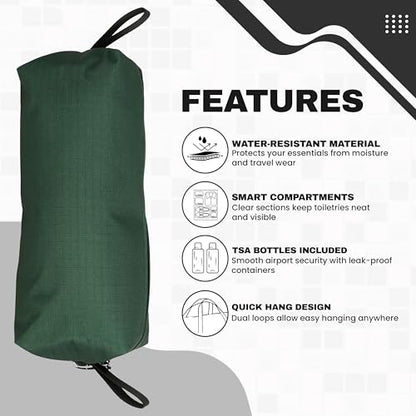 Champion - Hanging Toiletry Bag - Travel Sized Polyester Bag — Water-Resistant, Cosmetics Organizer Bag with Two Compliant Bottles - Lightweight Portable Zipped Bag for Unisex – Green- 10"x3.9"x3.9" - style: Green