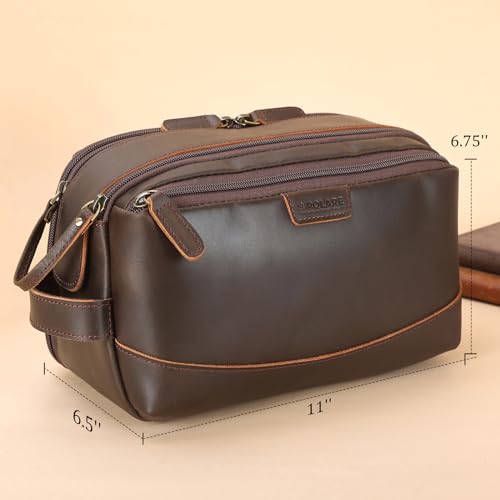 Polare Full Grain Leather Toiletry Bag for Men Large Travel Cosmetic Case Dopp Kit Shaving Kit Wash Pouch with YKK Zippers - color: Dark Brown