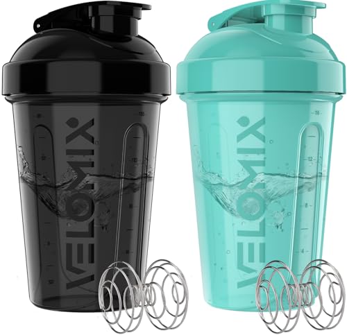 VELOMIX -2 Pack- 20 oz Protein Shaker Bottles for Protein Mixes - 2x Wire Whisk | Leak Proof Shaker Cups for Protein Shakes and Pre Workout | Protein Shaker Bottle Pack (A8) Black/Torquoise - color: A8) Black / Torquoise