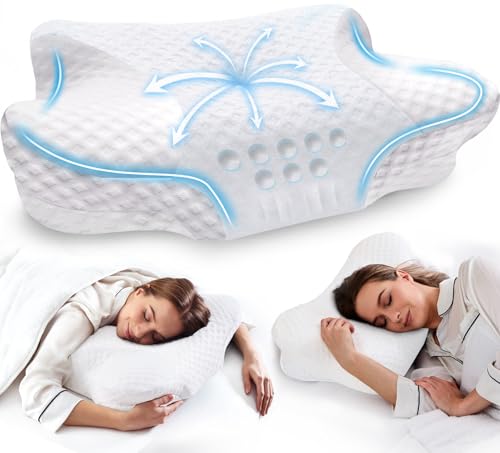 Cervical Neck Pillows with Memory Foam - Neck Pillows for Pain Relief Contour Memory Foam Pillows Ergonomic Neck Support - Adjustable Orthopedic Pillows with Breathable Pillowcase White - color: White, size: Standard