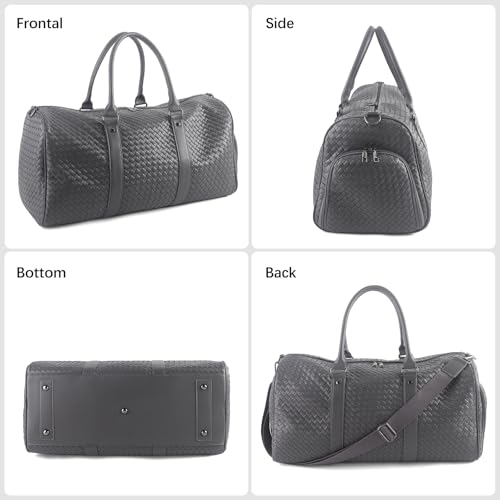 Weekender Bags for Women Woven Leather Travel Duffle Bag with Shoe Compartment, Carry On Garment Bag for Men Women, Large Capacity Water-resistant Gym Tote (Gray) - color: Gray