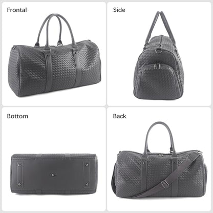Weekender Bags for Women Woven Leather Travel Duffle Bag with Shoe Compartment, Carry On Garment Bag for Men Women, Large Capacity Water-resistant Gym Tote (Gray) - color: Gray
