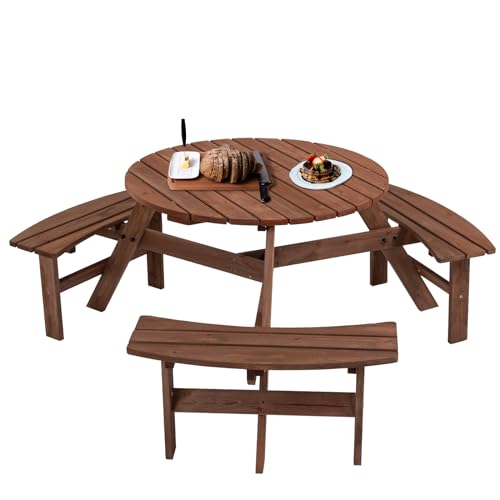 6-Person Outdoor Circular Wooden Picnic Table with 3 Built-in Benches Camping Dining Table for Garden Patio Backyard,Brown - color: Brown, size: 6-Person Round