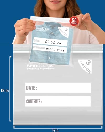 BEIDOU-PAC 3 Gallon Large Plastic Bags with Zipper Top, | 50 Count | 2 Mil | 16" x 18" | Heavy-Duty Reusable Clear Freezer Storage Bags - style: Zip | 3 gal 50 count