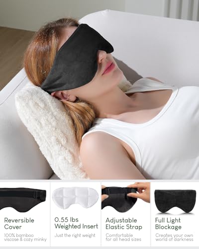 Sivio Weighted Eye Mask for Women & Men, Heatable and Freezable Weighted Eye Pillow with Silica Beads & Adjustable Strap, Soft Breathable Cotton Eye Cover for Sleeping Faster and Better, Black - color: Black