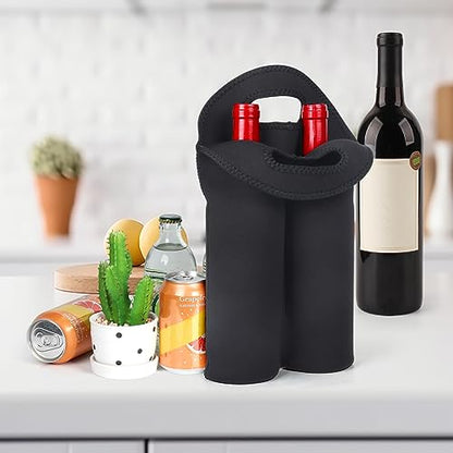 2 Pack Wine Carrier Tote Bag, 4 Bottles Carrying Cooler Bags for Travel and Picnic, Insulated Neoprene Water Beer Bottle Holder with Secure Carry Handle,Keep Bottles Protected (Black)