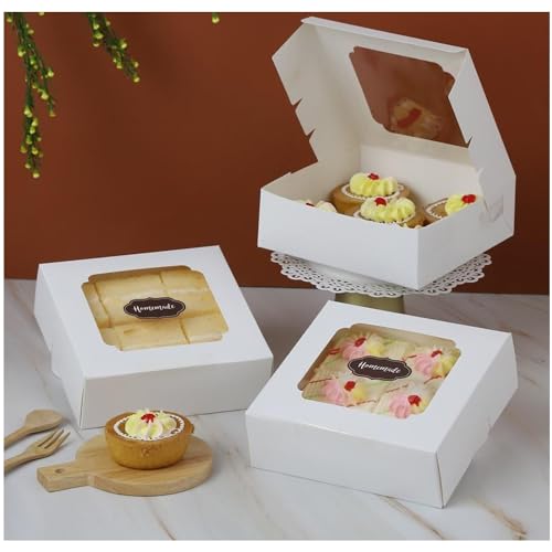 20 Pack Bakery Boxes with Window Small 6x6x2 inch for Cookie, Candy, Pastry, Brownie, Chiffon Cake, Tart, Pie, Waffle (White) - color: White