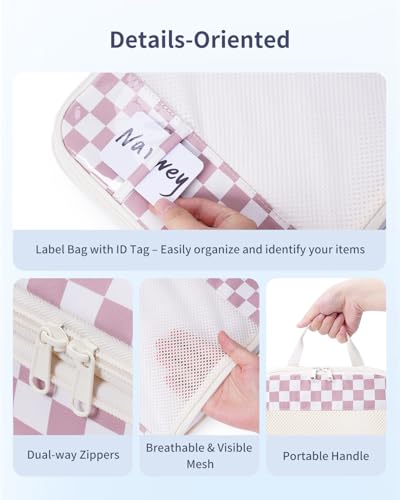Narwey 6 Set Compression Packing Cubes for Travel Women Men, Travel Cubes for Carry On Suitcase, Durable Compression Luggage Organizer Bags - color: ZZ-Dusty Pink Checkerboard
