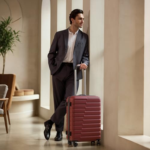 Coolife Medium Checked Luggage with Spinner Wheels, Hardside Suitcase TSA Lock Lightweight Travel Luggage 24-inch,Wine Red - color: wine red, size: Medium(24in)