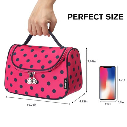 Yeiotsy Travel Cosmetic Bag for Women – Polka Dot Makeup Bag Organizer & Hanging Toiletry Bag - color: Rose Red