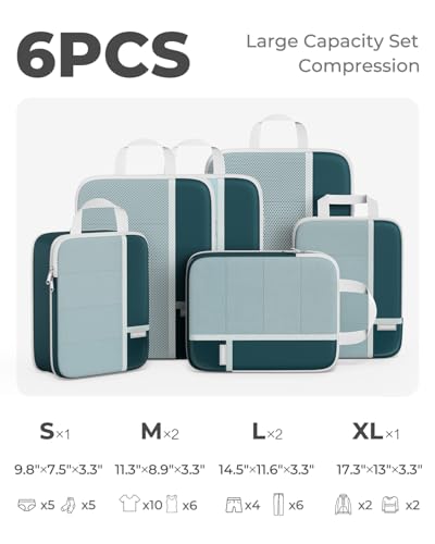 Percover Compression Packing Cubes for Travel, 6-Piece Structured Compression Organizer Set for Organized Packing & Carry-On Luggage, Peacock Green - color: Peacock Green, size: 6 Set