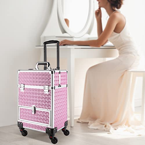 3in1 Rolling Makeup Train Case,Aluminum Trolley Case with 360° Rotation Wheels for Professional Salon Barber Traveling Cart Trunk Cosmetic Beauty Storage (Pink 18.5in) - color: Pink 18.5in