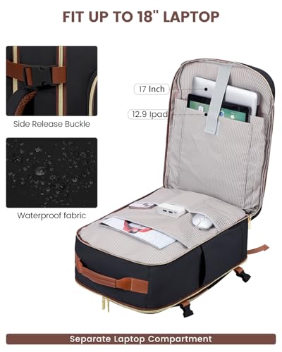LOVEVOOK 50L Travel Backpack for Women & Men, Airline Approved Carry On Luggage with 3 Packing Cubes, TSA Overnight Bags, Waterproof Personal Item Bag, Weekender Essentials Backpacks fits 17" Laptop - color: Black-brown, size: X-Large