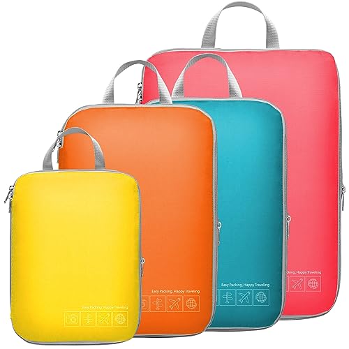 Cambond Compression Packing Cubes for Travel - 4 Piece Expandable Luggage Packing Organizers Bags Set, Lightweight Compression Cubes for Travel Essentials Carry on Suitcases, Multi-color - color: 01 Lake Blue/Watermelon Pink/Orange/Yellow, size: 4-Piece S