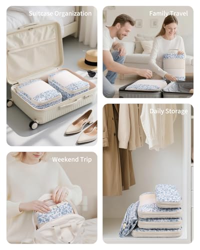 Narwey 6 Set Compression Packing Cubes for Travel Women Men, Travel Cubes for Carry On Suitcase, Durable Compression Luggage Organizer Bags - color: ZZZ-Little Blue Flower