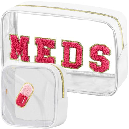 BuyCard 2 Pcs Medicine Chenille Letter Bag Preppy Clear Makeup Meds Bag for Travel Nylon & PVC Transparent Cosmetic Bag Preppy Patch Toiletry Storage for Women Girls White - color: MEDS-White, style: 2 Pcs-clear