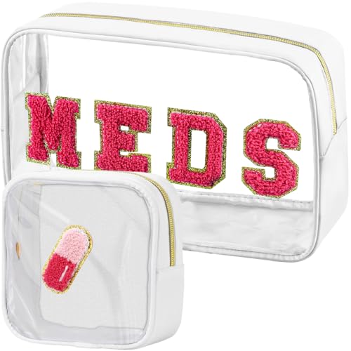 BuyCard 2 Pcs Medicine Chenille Letter Bag Preppy Clear Makeup Meds Bag for Travel Nylon & PVC Transparent Cosmetic Bag Preppy Patch Toiletry Storage for Women Girls White - color: MEDS-White, style: 2 Pcs-clear