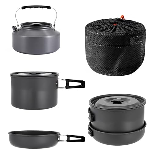 aiGear 3pcs Camping Cooking Set for 1-2 People, Lightweight Foldable Pot Pan Kettle with Storage Bag, Backpacking Cooking Set for Hiking Picnic Camping - color: Black
