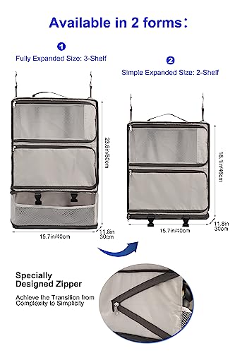ELEZAY Hanging Packing Cubes Portable Closet 3-Shelf Travel Collapsible Compression Garment Organizer for Carry-on Luggage Suitcase Space Saver Bag XX-Large_No Side Pockets, Lightgrey - color: Lightgray, size: XX-Large_16*12*24 IN