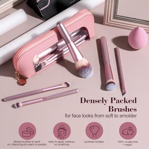 BS-MALL 14 Pcs Makeup Brushes Set with 1 Pcs Makeup Sponge – Essential Foundation Powder Concealers, Eye Shadows, Blush Makeup Brushes with Travel Makeup Case (Matte Gold Pink) - color: Matte Gold Pink