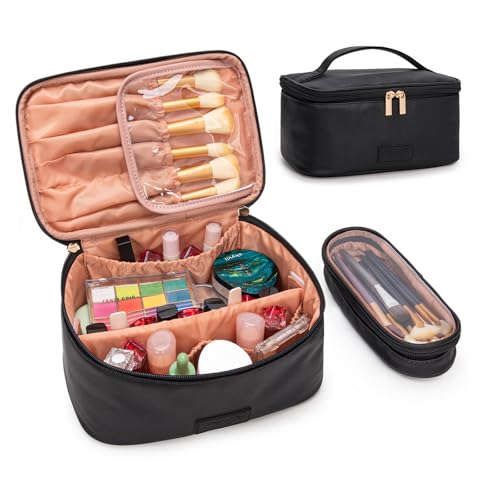 Montana West X Wrangler Travel Makeup Bag 2pcs Set Large Cosmetic Bag with Makeup Brush Holder Portable Make Up Organizer Cute Toiletry Bag with Divider and Handle for Women Black - color: Black