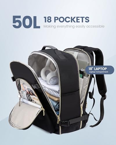 LOVEVOOK 50L Travel Backpack Flight Approved Carry on Backpack,3 Packing Cubes,Waterproof Personal Item Travel Bag,TSA Carry on Luggage Suitcase Travel Essentials,Gifts for Women & Men,fits 18" Laptop - color: Black-grey, size: X-Large-50L-4Pcs