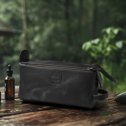 LEATHER VILLAGE Genuine Leather Travel Toiletry Bag - Water-Resistant Dopp Kit for Toiletries, Large Shaving Bag & Bathroom Organizer - Gift for Men & Women - Distressed Black - color: Distressed Black