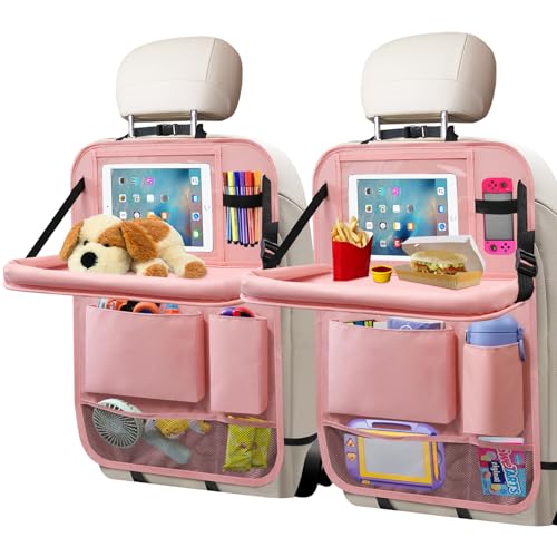 Car Backseat Organizer with Tray, Seat Back Table Holder with 6 Storage Pockets, Car Seat Back Protectors Kick Mats Travel Accessories, 2 Pack Pink - color: Pink, size: 2Pack