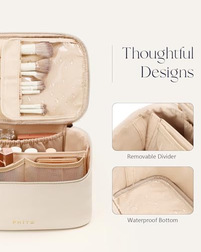 Prite Makeup Bag, Large Capacity Cosmetic Bag for Women and Girls, Waterproof PU Leather Travel Makeup Case, Toiletry Organizer with Handle and Divider for Skincare and Brushes - Beige - color: Beige