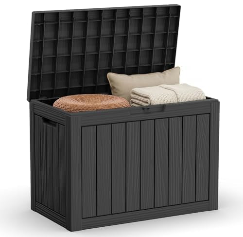 45 Gallon Outdoor Deck Box, Lockable Waterproof Outdoor Storage Boxes For Garden Tools,Indoor Cushions,Accessories Outside Storage Resin Weatherproof Container(Black) - color: Black, size: 45 Gallon