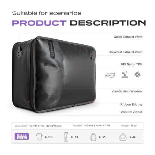 ETROL TPU Vacuum Bag for Travel, 70D Nylon Reusable Compression Bag with IP67 Waterproof Zipper, Compression Packing Cubes for Clothing, Space Saver Bags for Luggage (Full Open, Grey,2Pcs+Pump) - color: Full Open, Grey,2Pcs+Pump